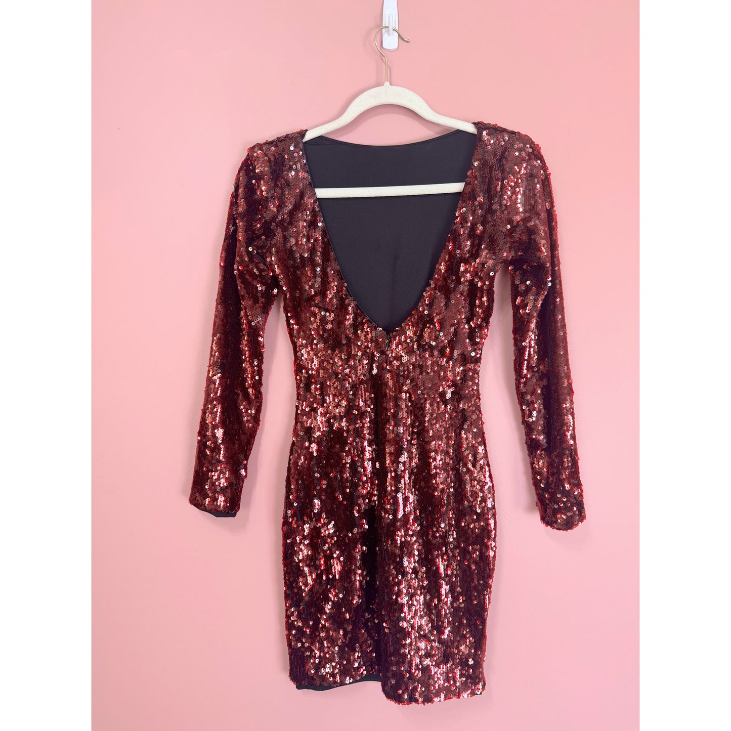 Dress The Population Lola Long Sleeve Red Sequin Mini Dress Size XS