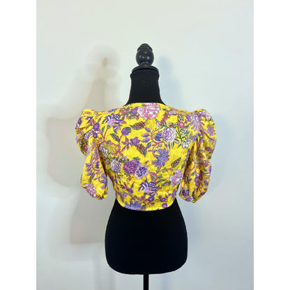 Hemant & Nandita Floral Dhea Tie Front Crop Top in Canary Yellow Medium Floral