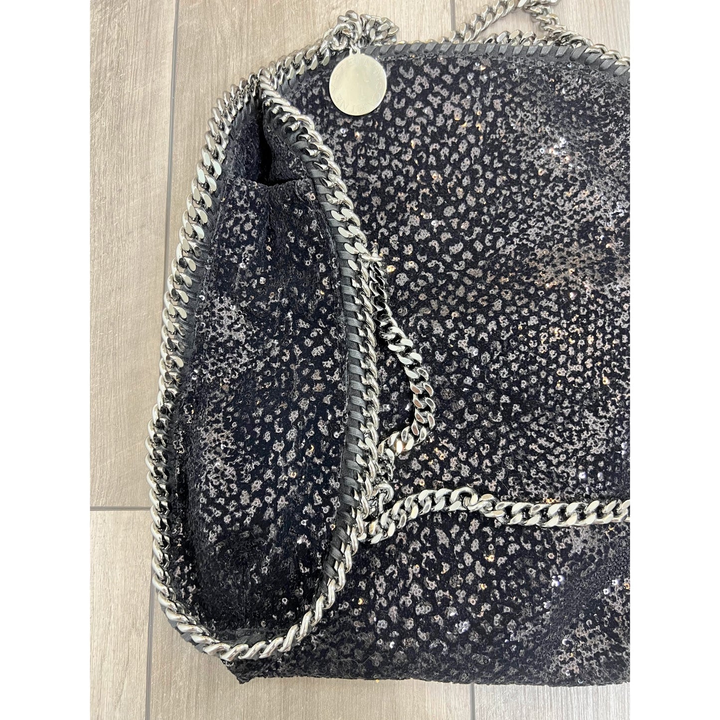 STELLA MCCARTNEY Sequin Small Flabella Tote in Black/Silver Chain Strap Elegant