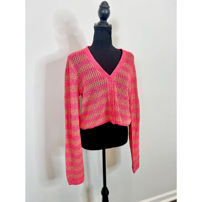 Rag & Bone Carson Cropped Crochet Cardigan Pink Multi Striped Large Button Front