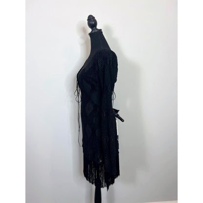 For Love & Lemons Aubrey Mini Dress in Black Large Fringe Velvet Lined Eyelet