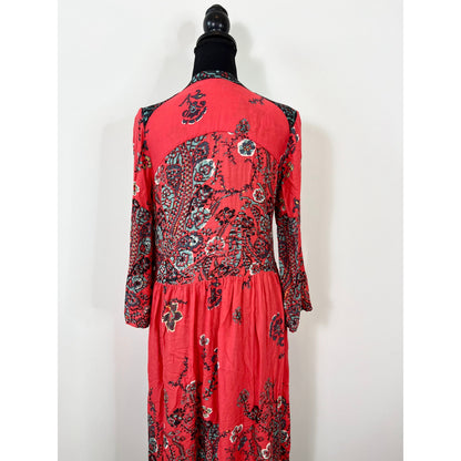 Free People If You Only Knew Maxi Dress in Red Combo Small Floral Long Sleeve