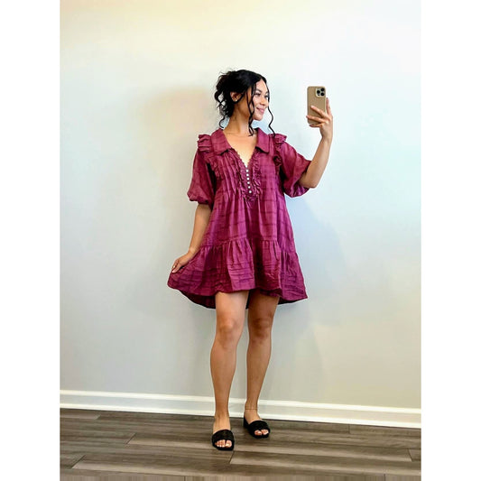 Free People Elora Mini Dress in Juneberry Small Half Sleeve Ruffle Trim Lined