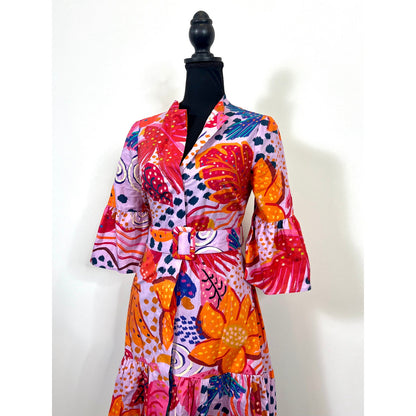 FARM Rio Warm Colors Printed Belted Maxi Dress Size XS Floral Belted Half Sleeve