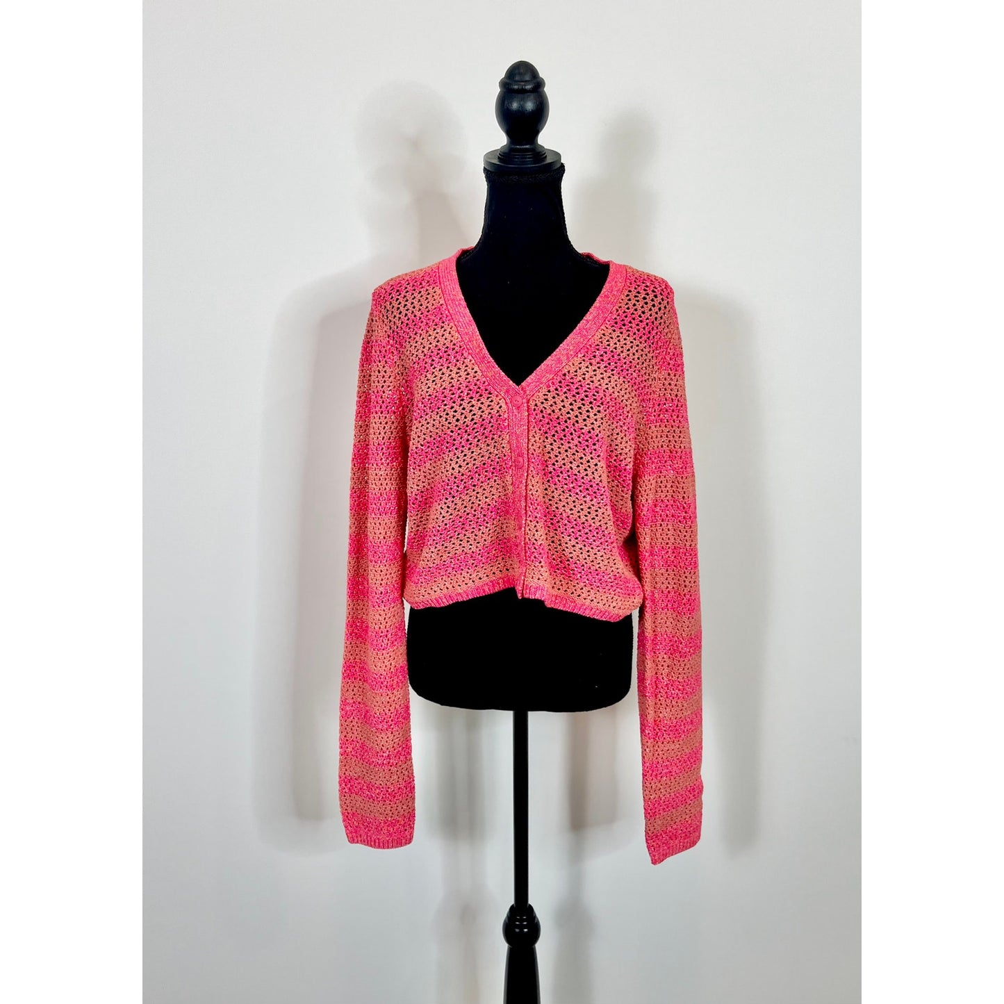 Rag & Bone Carson Cropped Crochet Cardigan Pink Multi Striped Large Button Front