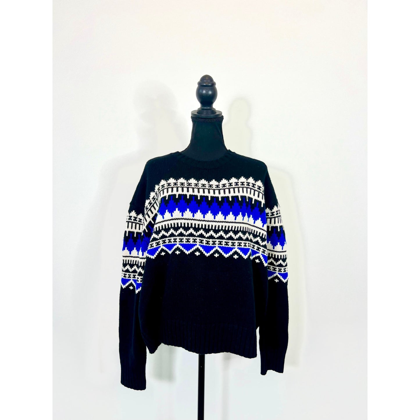 Ralph Lauren Pullover Sweater in Black Fair Isle Knit Wool Tribal Boho Classic