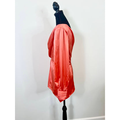 Cinq A Sept Stace Coral Satin One Shoulder Blouse Top Small Twist Knot Front