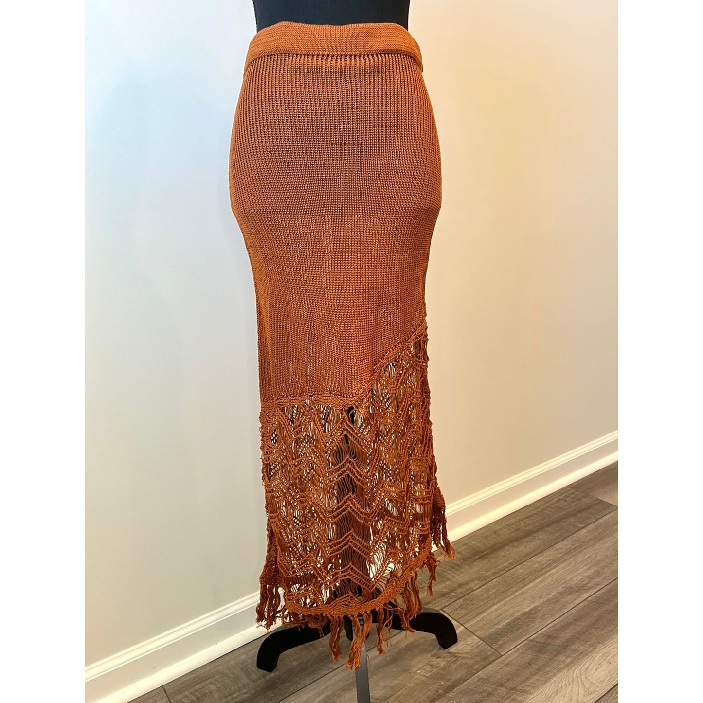 Savannah Morrow Sakari Asymmetric Skirt in Terracotta Small Knit Fringe Cotton