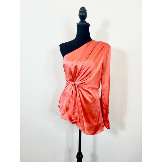 Cinq A Sept Stace Coral Satin One Shoulder Blouse Top Small Twist Knot Front